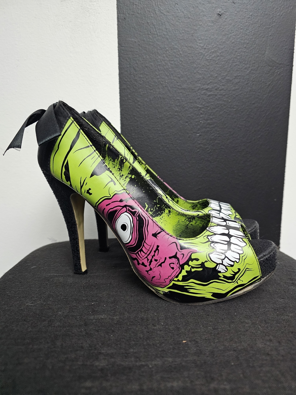 Iron Fist zombie Stompers Neon Green & Pink Graphic Peep-Toe Heels